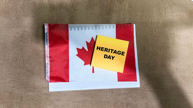 Concept of Heritage Day write on sticky notesand Flag of the Canada isolated on Wooden Table. photo
