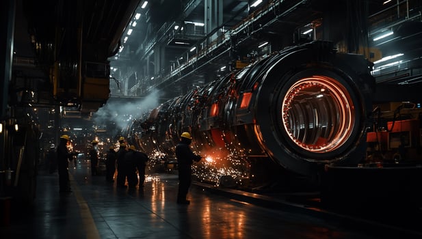 Industrial machinery under maintenance in a large factory. Workers are seen tending to a large, hot, metal component. Sparks fly photo