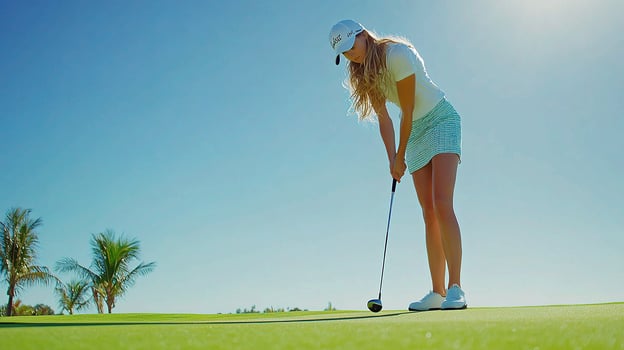 A woman is playing golf on a green field photo