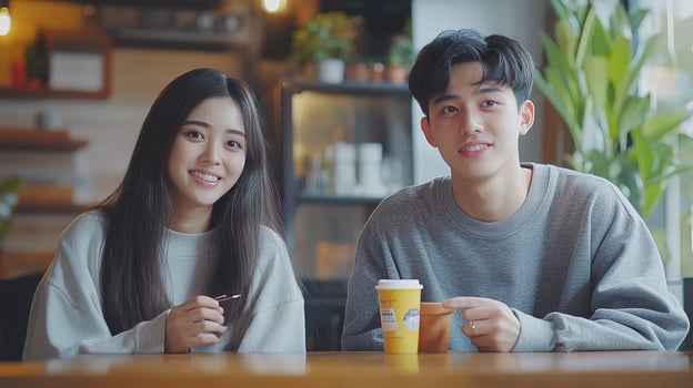 Young Asian Woman and Man Smiling in Cozy Cafe Setting photo