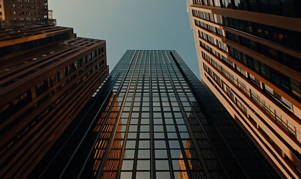 Skyscrapers reaching for the sky. Modern architecture contrasted with older buildings. Urban view from below photo