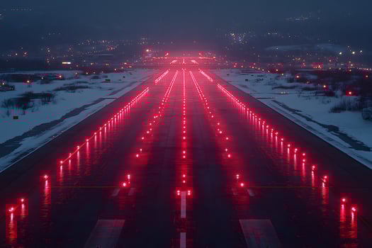 Illuminated Winter Airport Runway at Night with Red Lights for Safe Landing photo