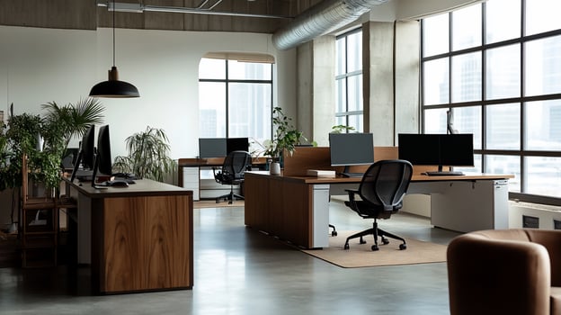An office with desks and chairs in front of large windows photo