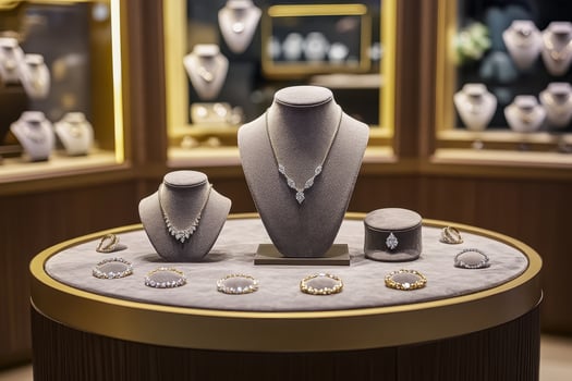 Display of elegant jewelry pieces in a luxurious store setting. photo