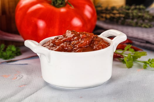 A white bowl with tomato sauce on it photo
