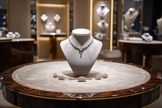 Elegant jewelry display featuring a necklace and bracelet in a luxurious store setting. photo