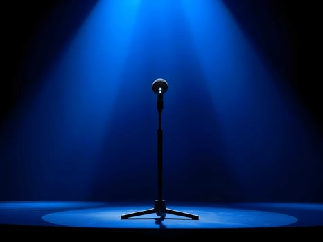 a microphone on a stage with blue lights photo