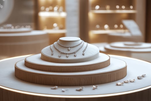 Elegant jewelry display featuring layered necklaces and rings in a sophisticated setting photo