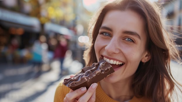 Woman eating a bar of chocolate in the street. photo