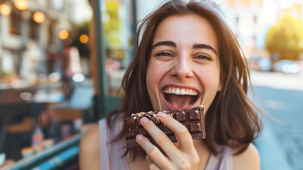 Cheerful young woman biting a bar of chocolate photo