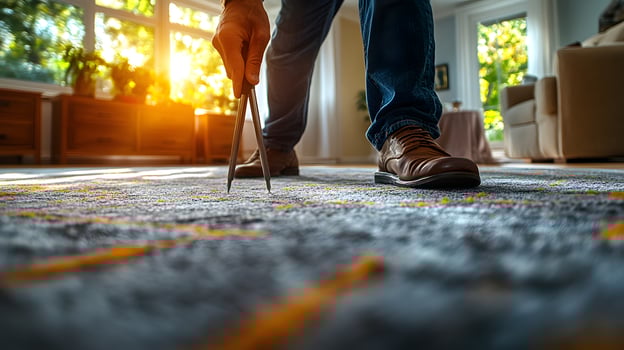 House appraiser measuring property dimensions with tools, focus on accuracy, natural light photo