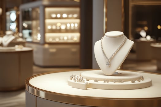 Elegant jewelry display in a luxurious store setting. photo