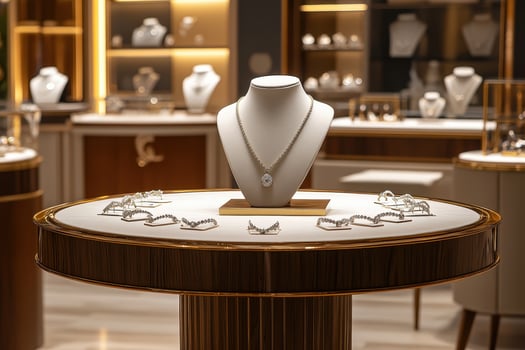 Elegant jewelry display showcasing necklaces and rings in a luxurious store setting. photo