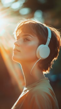 A woman wearing headphones listening to music photo