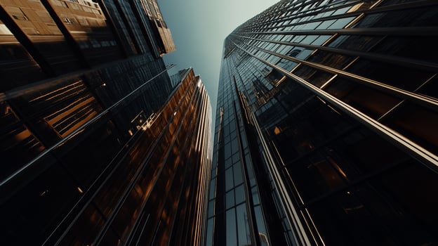 Modern city skyscrapers, looking up. Glass and steel structures photo