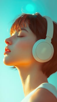 A woman wearing headphones and listening to music photo