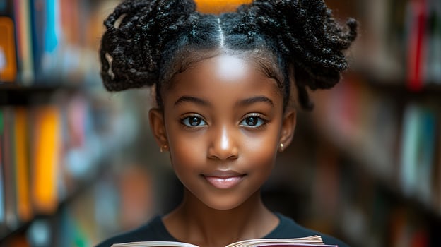 Young girl smiling while reading book in a library filled with natural light photo