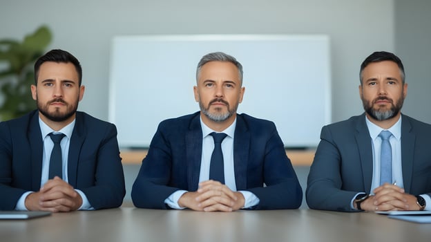 Professional businessmen in formal meeting discussing strategies in a modern conference room with a whiteboard and laptops photo