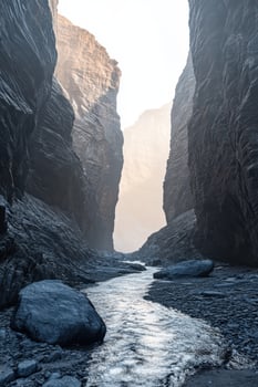 Mountain river flowing through a narrow canyon at dawn, revealing towering rock formations and misty surroundings photo