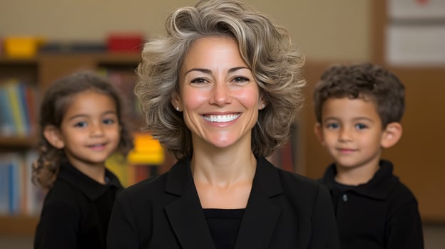 A teacher and students in classroom filled with books promoting learning photo