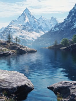 Mountain river winding through serene mountains with clear blue waters and lush greenery in daytime photo