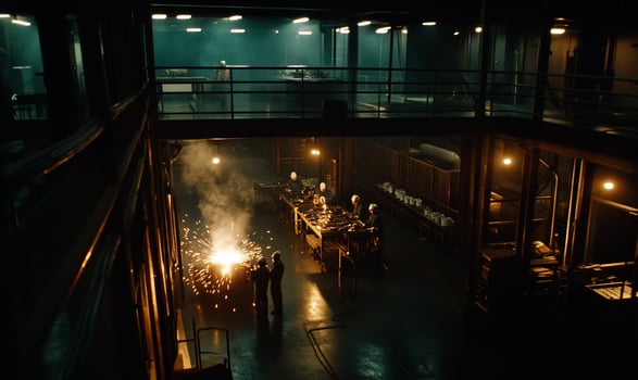 Industrial Metalworking Facility. Workers operating machinery, sparks and smoke photo