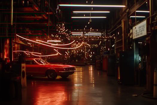 Red classic car in a dimly lit, industrial garage. Neon lights and blurred motion photo