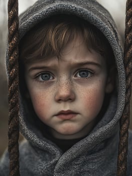 Young child with intense gaze in grey hoodie, captured in a moment of contemplation on a swing set during dusk photo