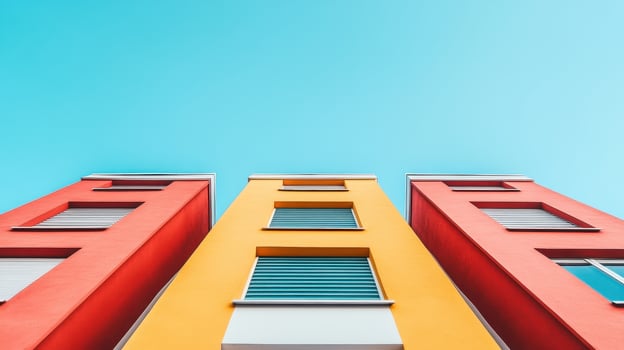 Modern high rise building with colorful facades against clear blue sky. vibrant red and yellow colors create striking visual contrast, enhancing architectural appeal photo
