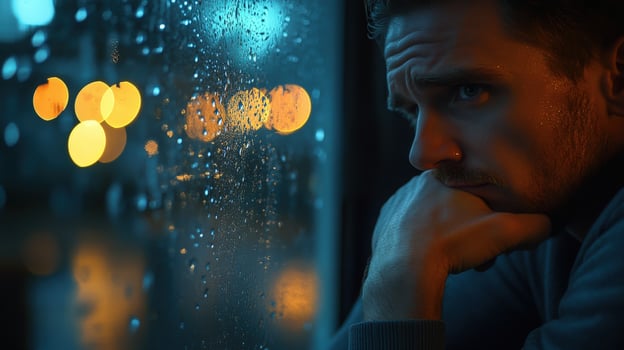 Man gazes thoughtfully out of a rainy window at night, with city lights reflecting through raindrops photo