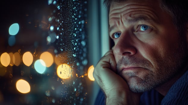 Man gazes thoughtfully out a rain-soaked window at night as city lights blur in the background photo