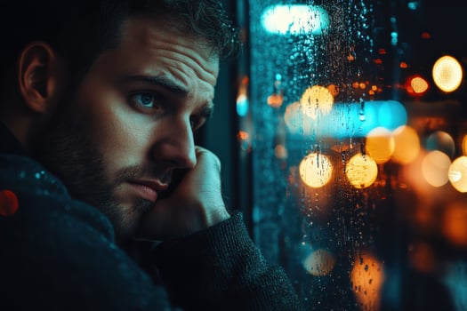 Reflective moment of a man gazing outside on a rainy night in a bustling cityscape filled with colorful lights photo