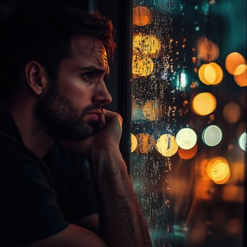 Man gazes thoughtfully out a rainy window while city lights blur during a quiet evening photo
