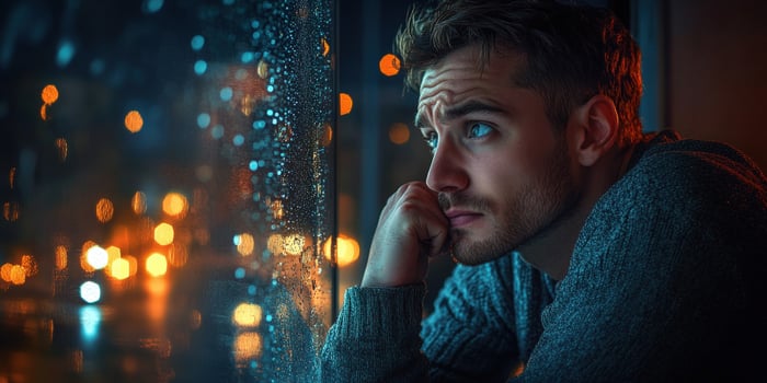 Man gazes thoughtfully out a rain-soaked window on a cozy evening in an urban setting photo