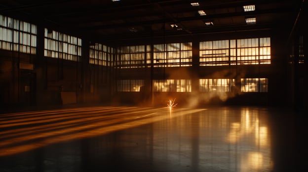 A large warehouse with a fire in the middle photo