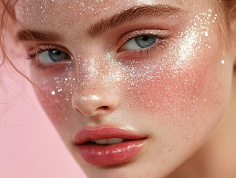 Sparkling glitter makeup highlighting fresh beauty and youthful features on a model with blue eyes and soft pink background photo