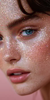 Creative makeup art featuring sparkling glitter on a model's face with a soft pink background photo
