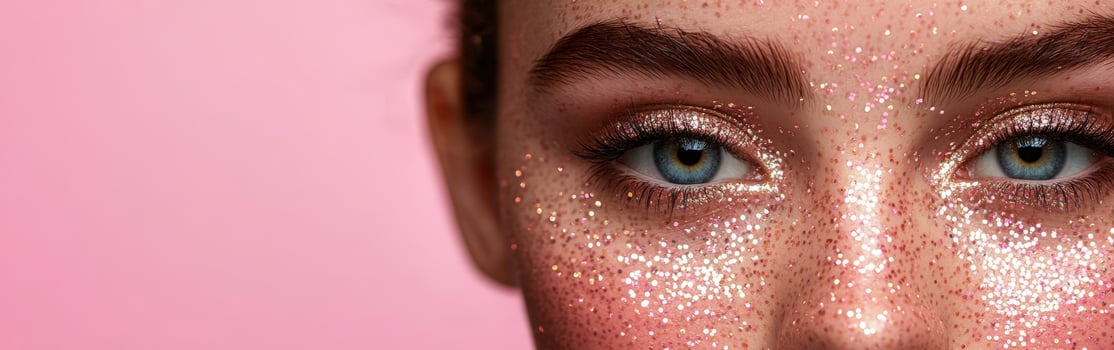 Close-up view of a person with sparkling glitter makeup emphasizing bright blue eyes against a soft pink background photo