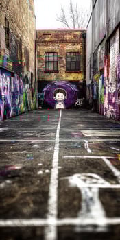 Colorful street art fills empty urban alley with vibrant murals and unique characters during midday light in a city block photo
