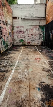 Urban art-filled outdoor space with graffiti on walls and worn court marked by white lines photo