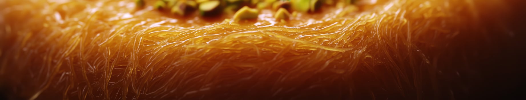 Delicious kunafa topped with crushed pistachios served warm at a bustling dessert shop photo