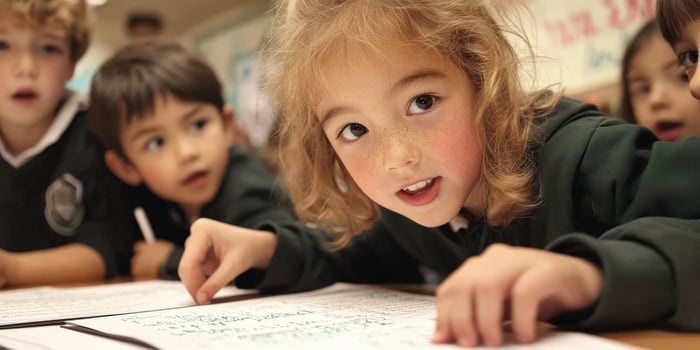 A group of children sitting at a table writing photo