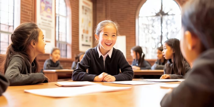 A young girl smiles as she sits at a table in a classroom photo