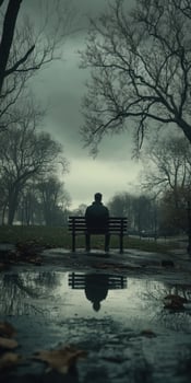 A man sits on a bench in the rain photo