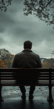 A man sitting on a bench in the rain photo