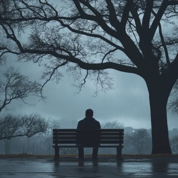 A man sits alone on a bench in the rain photo
