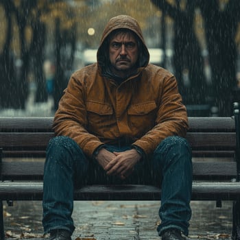 A man sitting on a bench in the rain photo