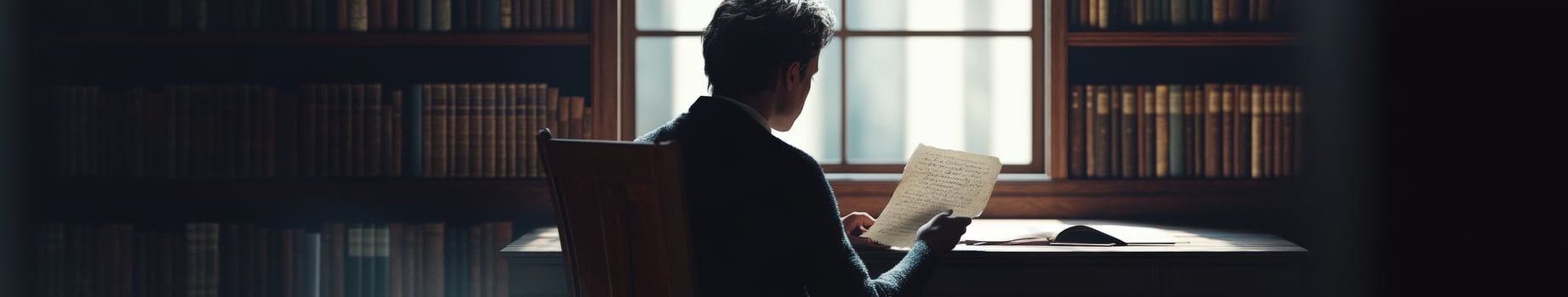 A man sitting at a desk in front of a bookcase photo