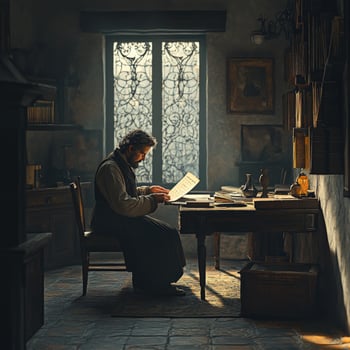 A man sitting at a desk in a room photo