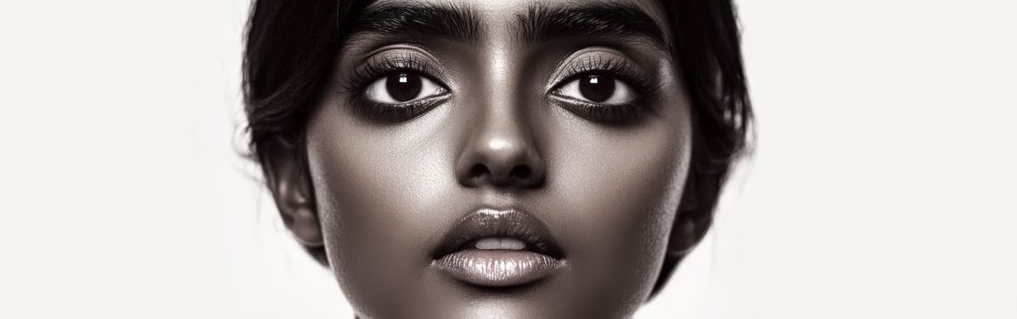 Stunning close-up portrait of a woman showcasing expressive features and striking eyes photo